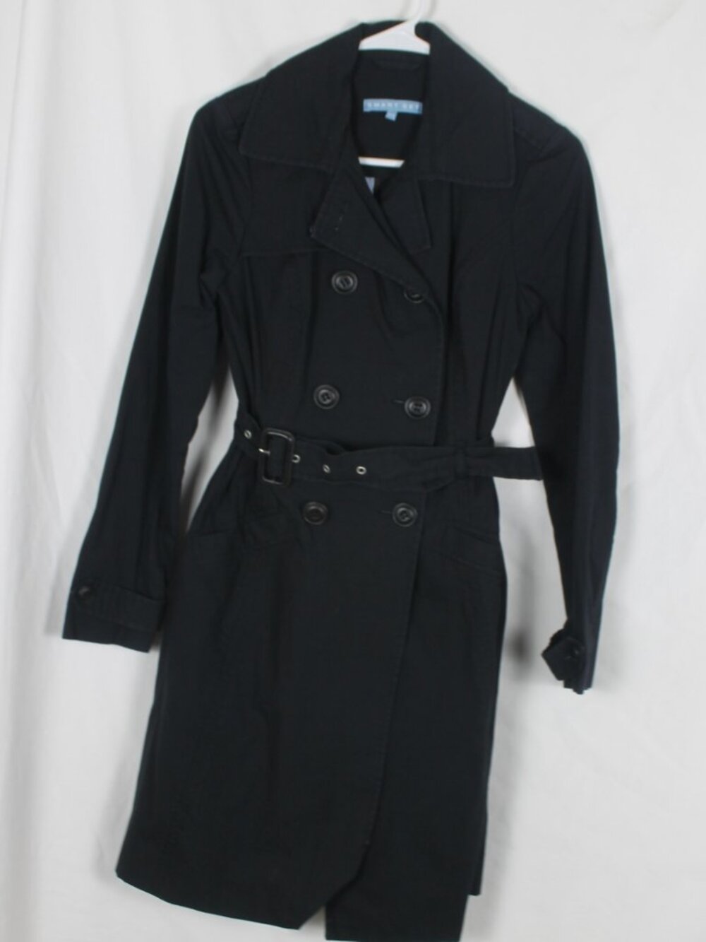 Smart Set Women's Small Black Double Breasted Trench Coat Belted Jacket Collared